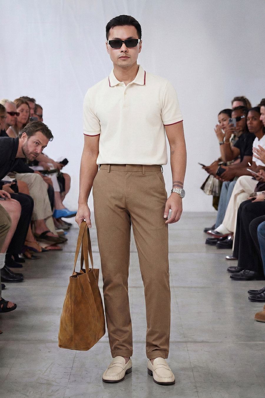 Look 12 — Polo cream viền đỏ và quần kaki